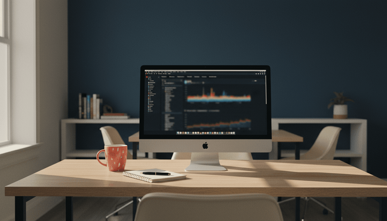 Workspace with monitor and notebook on a desk