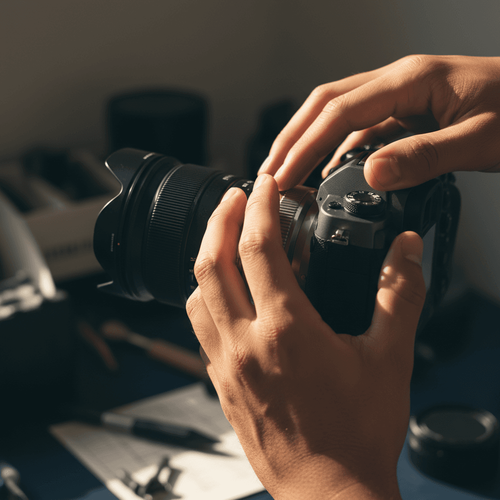 Hands adjusting a camera lens on a desk