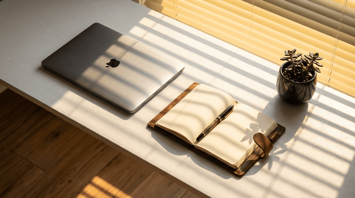 Overhead view of marketing materials on a desk