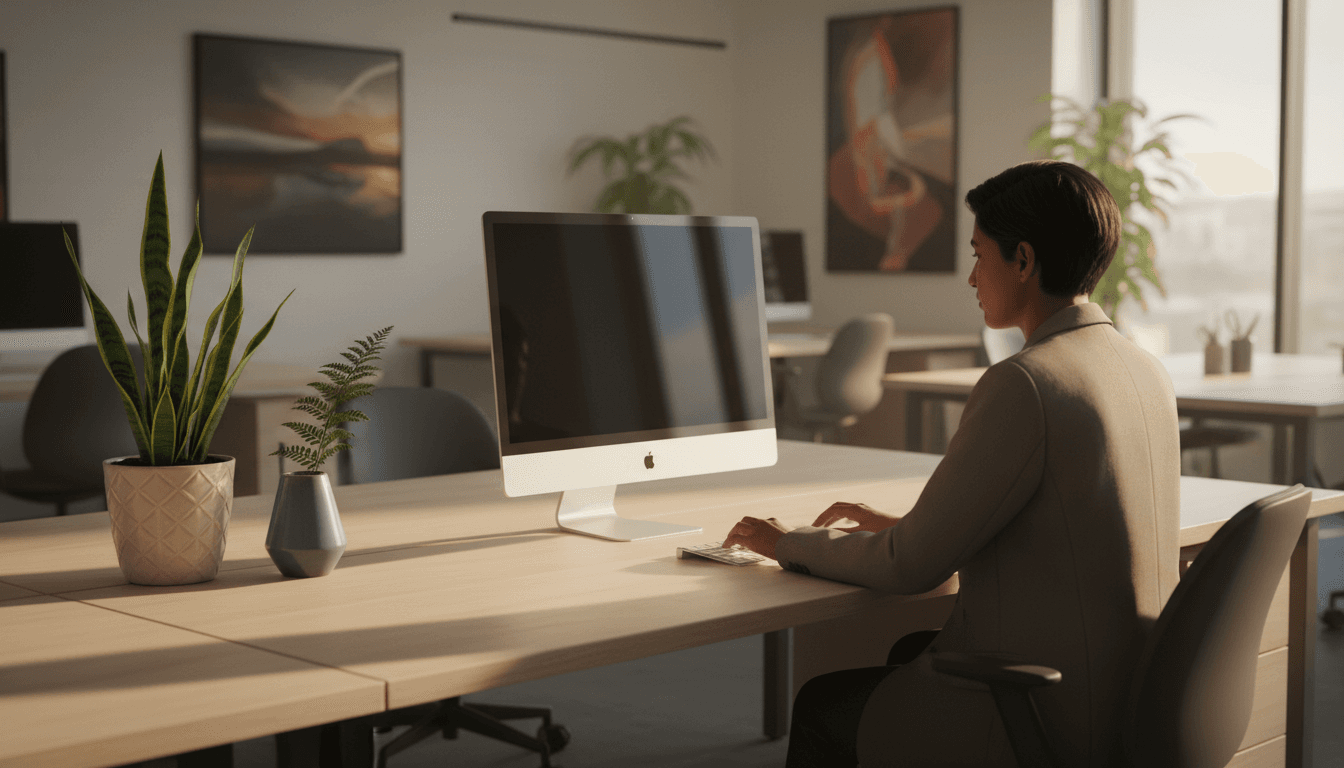Office interior with desk and camera lens