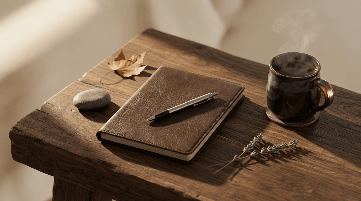 Leather notebook and fountain pen on a desk