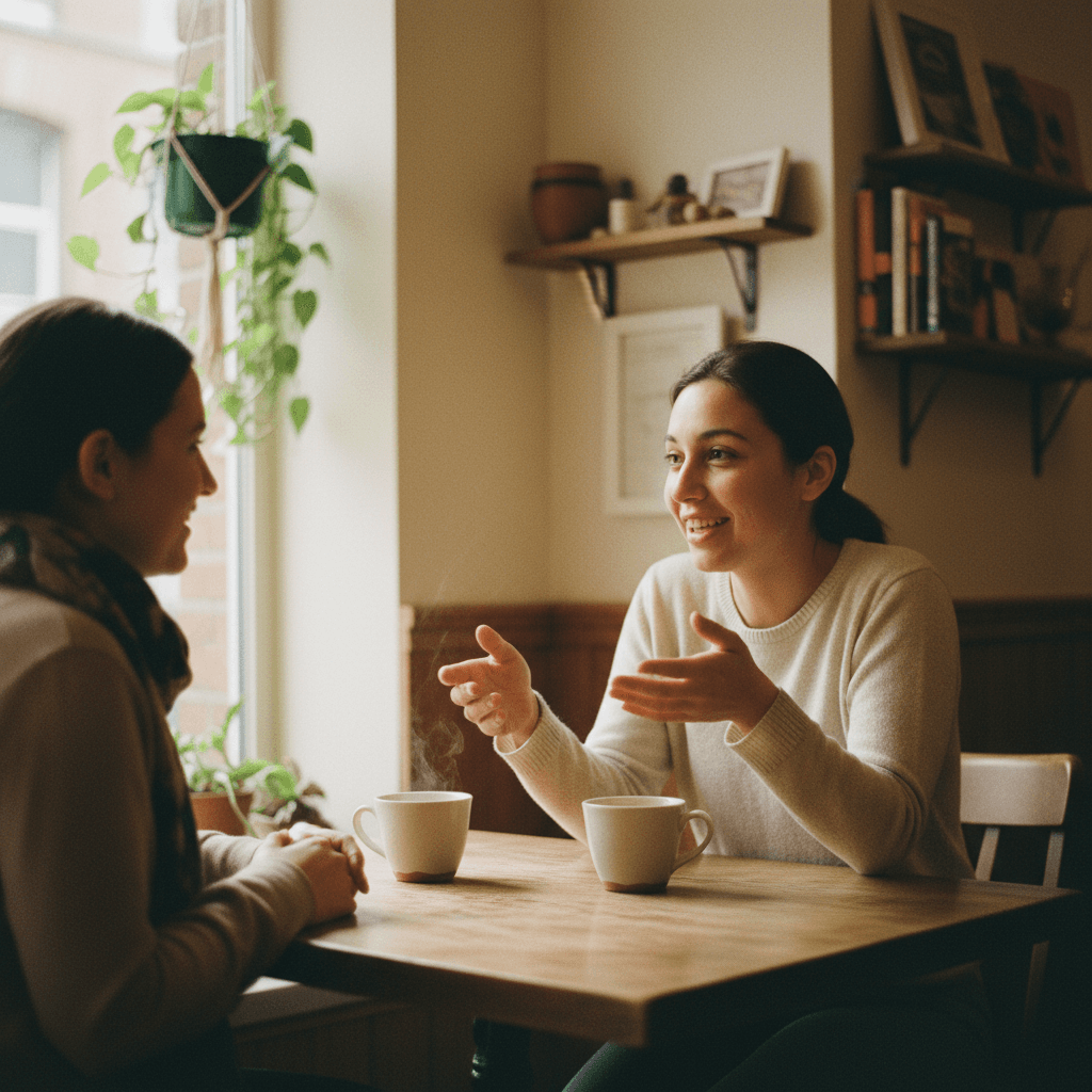 Two people having a meeting at a cafe table