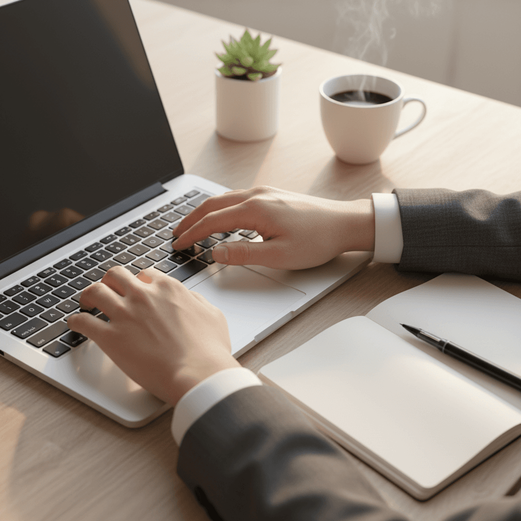 Hands typing on a laptop with a notebook nearby