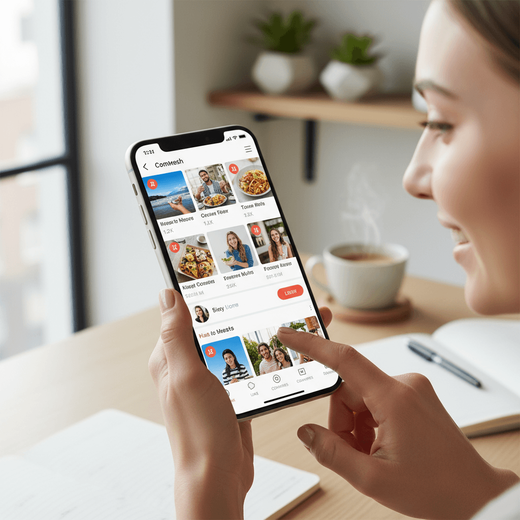 Smartphone showing a social media feed in a bright office